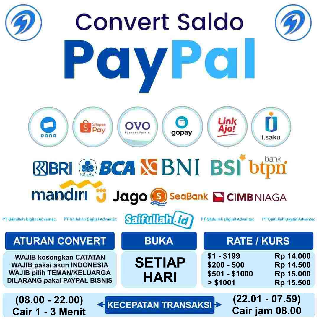 Jasa Convert PayPal ke Rupiah Rate Rp 15.500 Cair 1-3 Menit
