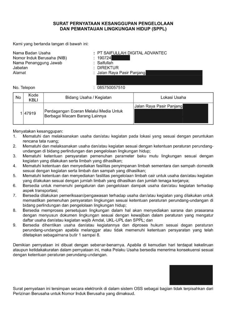 Surat Pernyataan Kesanggupan Pengelolaan Dan Pemantauan Lingkungan Hidup (SPPL)