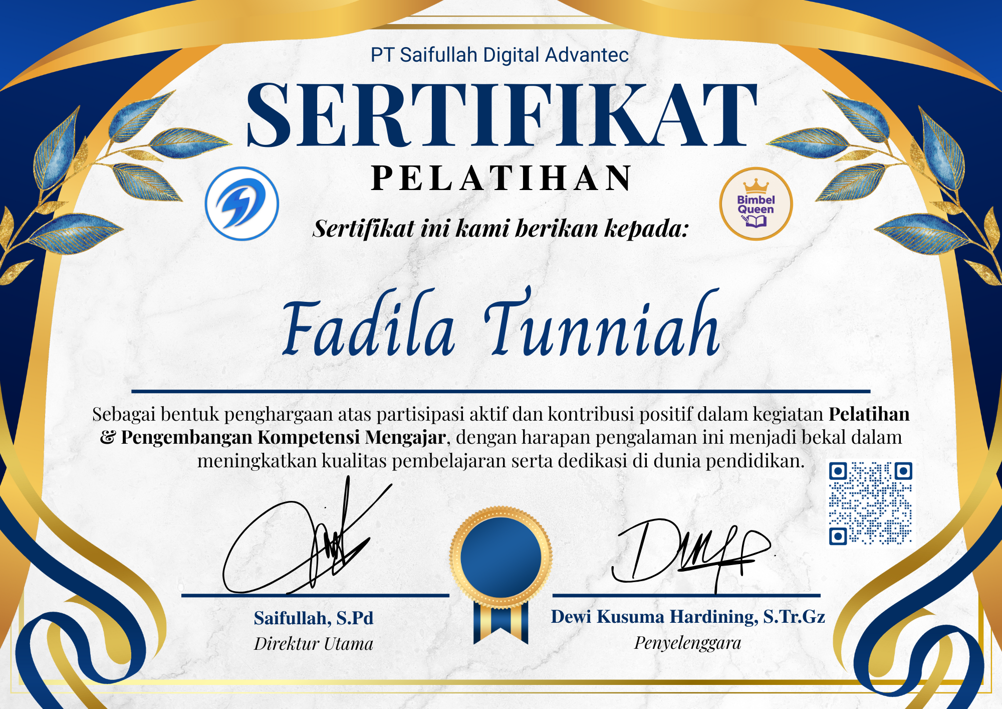 Sertifikat Pelatihan Fadila Tunniah