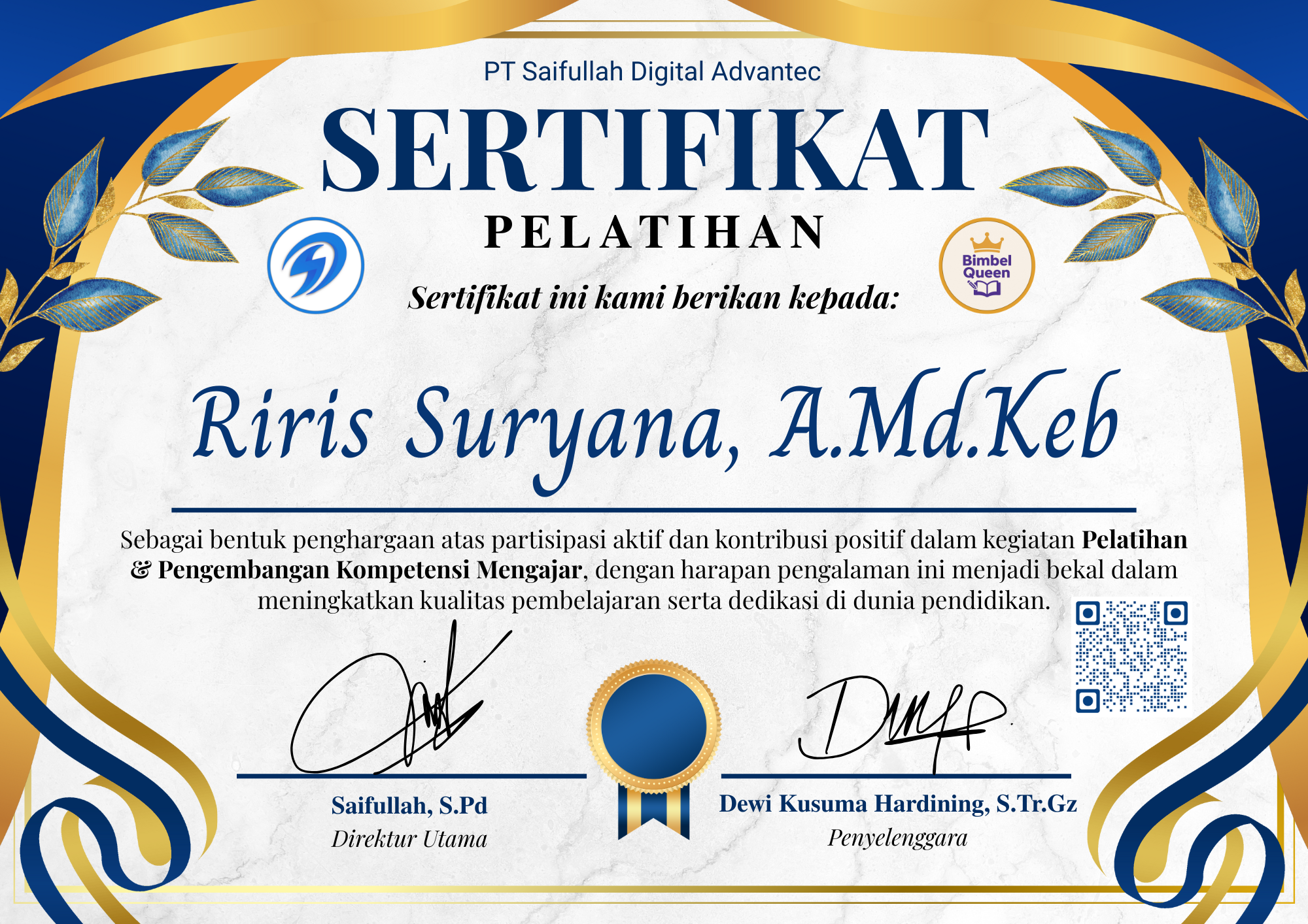 Sertifikat Pelatihan Riris Suryana