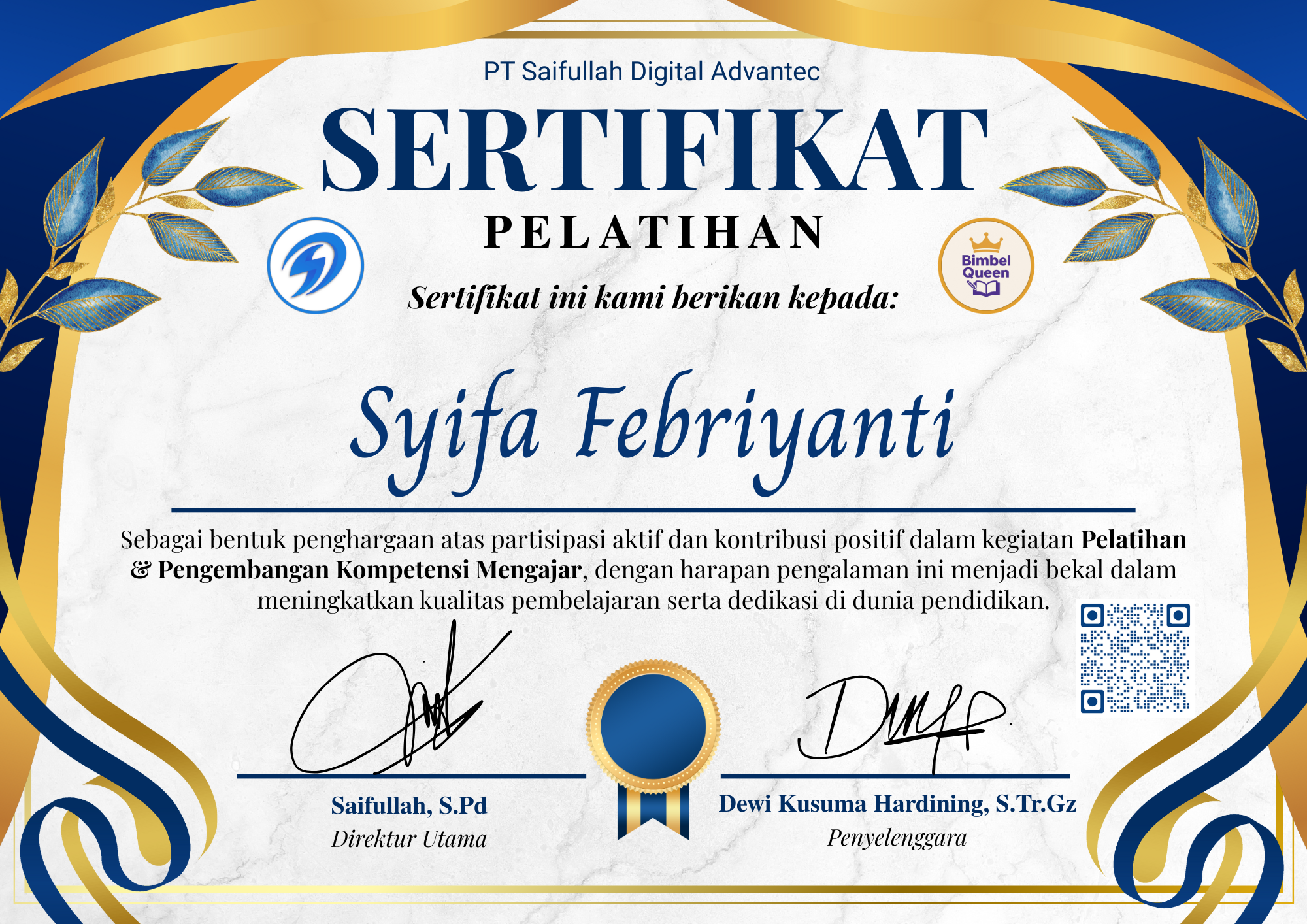 Sertifikat Pelatihan Syifa Febriyanti